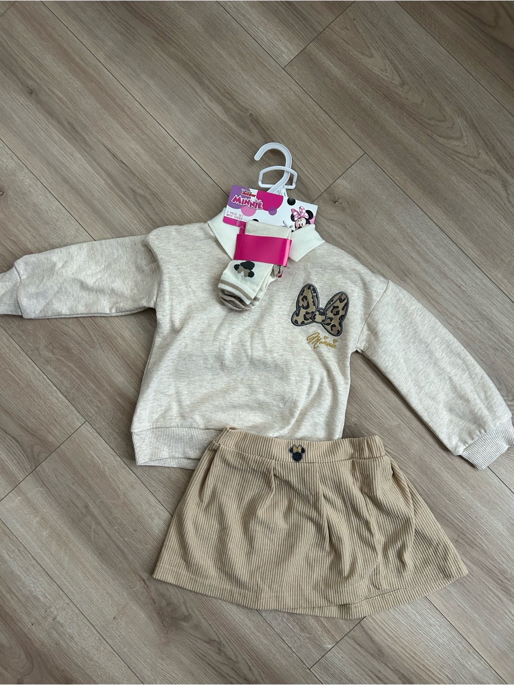 Kids Disney Beige Sweatshirt and Tan Skirt Set with Socks